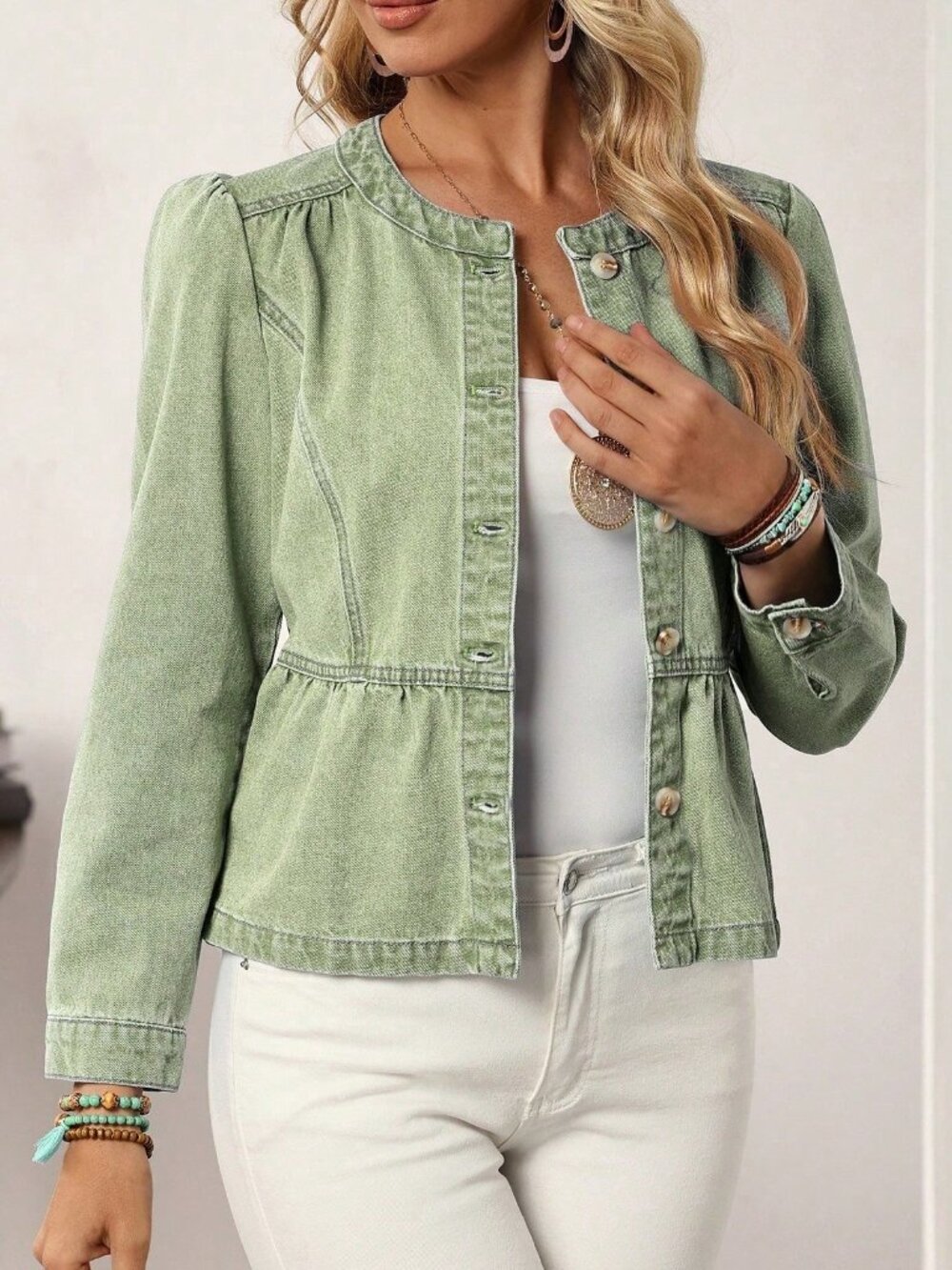 Army Green Casual Women's Long Sleeve Single-Breasted Ruffle Hem Denim Jacket - Picture 4 of 5